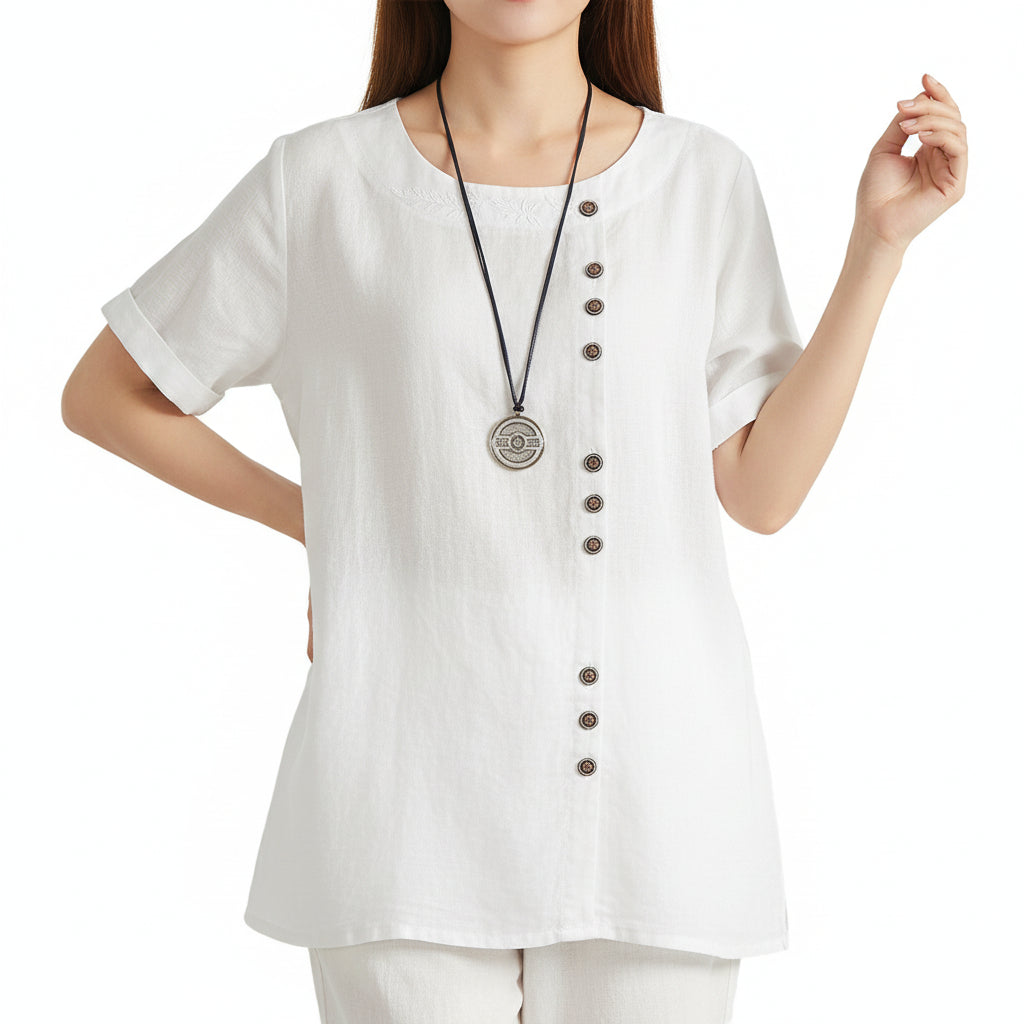 MARIA Cotton Linen Button Tee