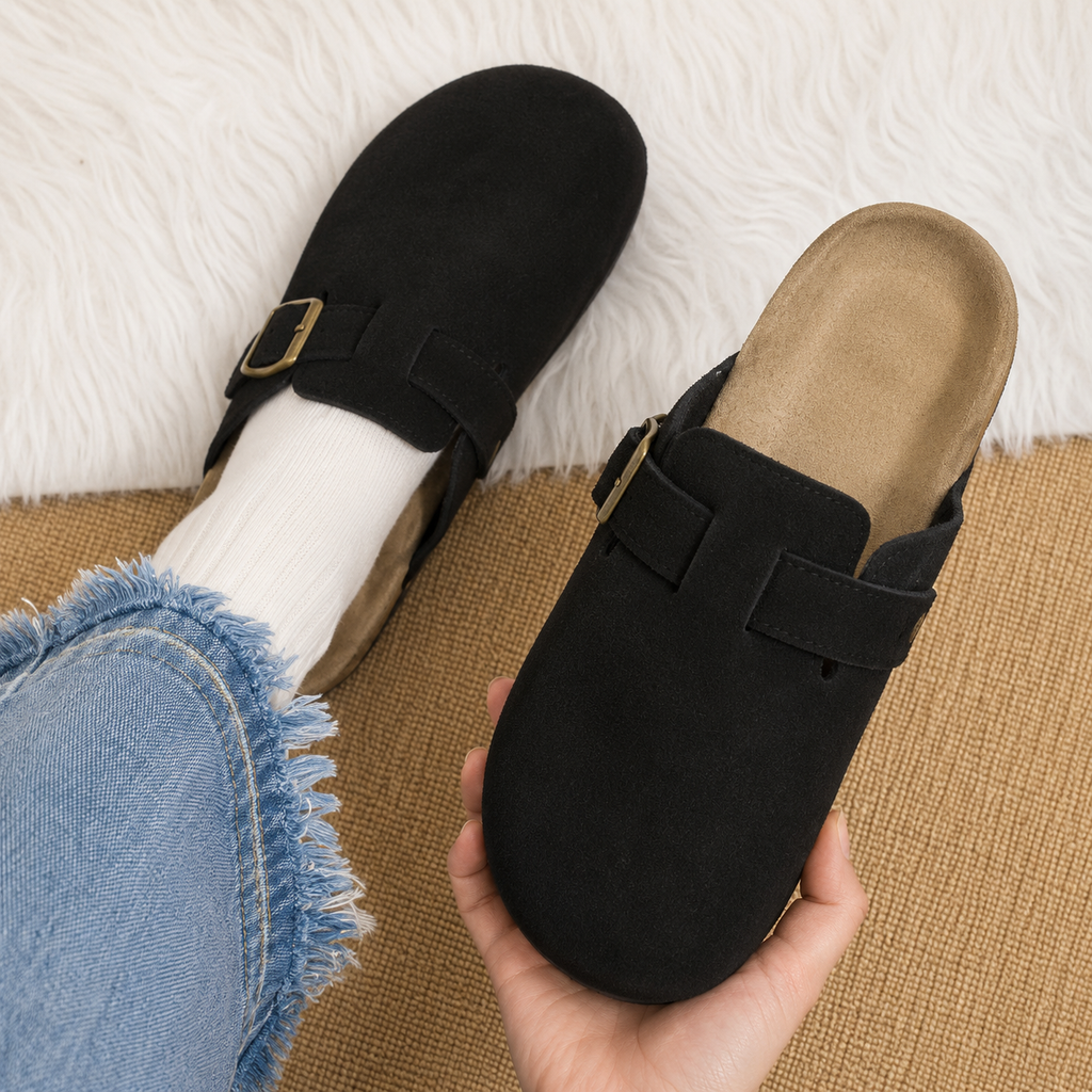 BIRK Suede Buckle Mules