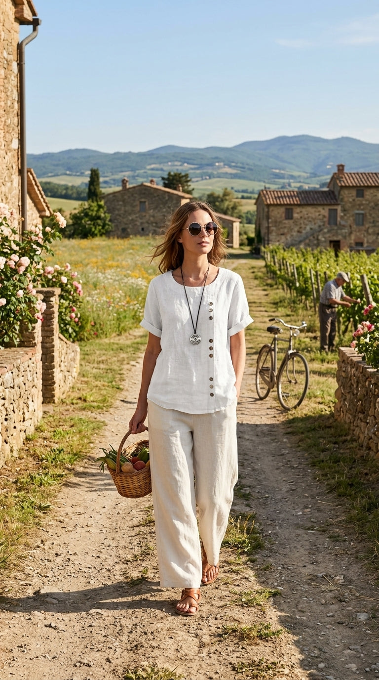 MARIA Cotton Linen Button Tee